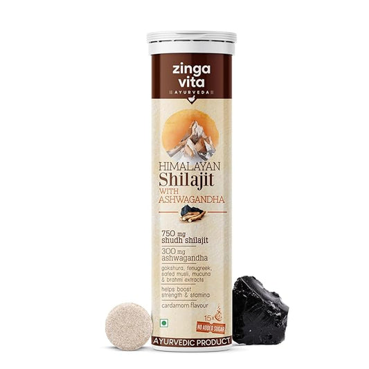 Zingavita 750mg Shilajit Effervescent மாத்திரைகள், அஸ்வகந்தா சாறு கோக்ஷுரு வெந்தயம் மற்றும் சஃபேட் முஸ்லி ஆகியவற்றால் உயிர்ச்சக்தி மற்றும் செயல்திறனுக்காக ஏலக்காய் சுவை 15 மாத்திரைகள்