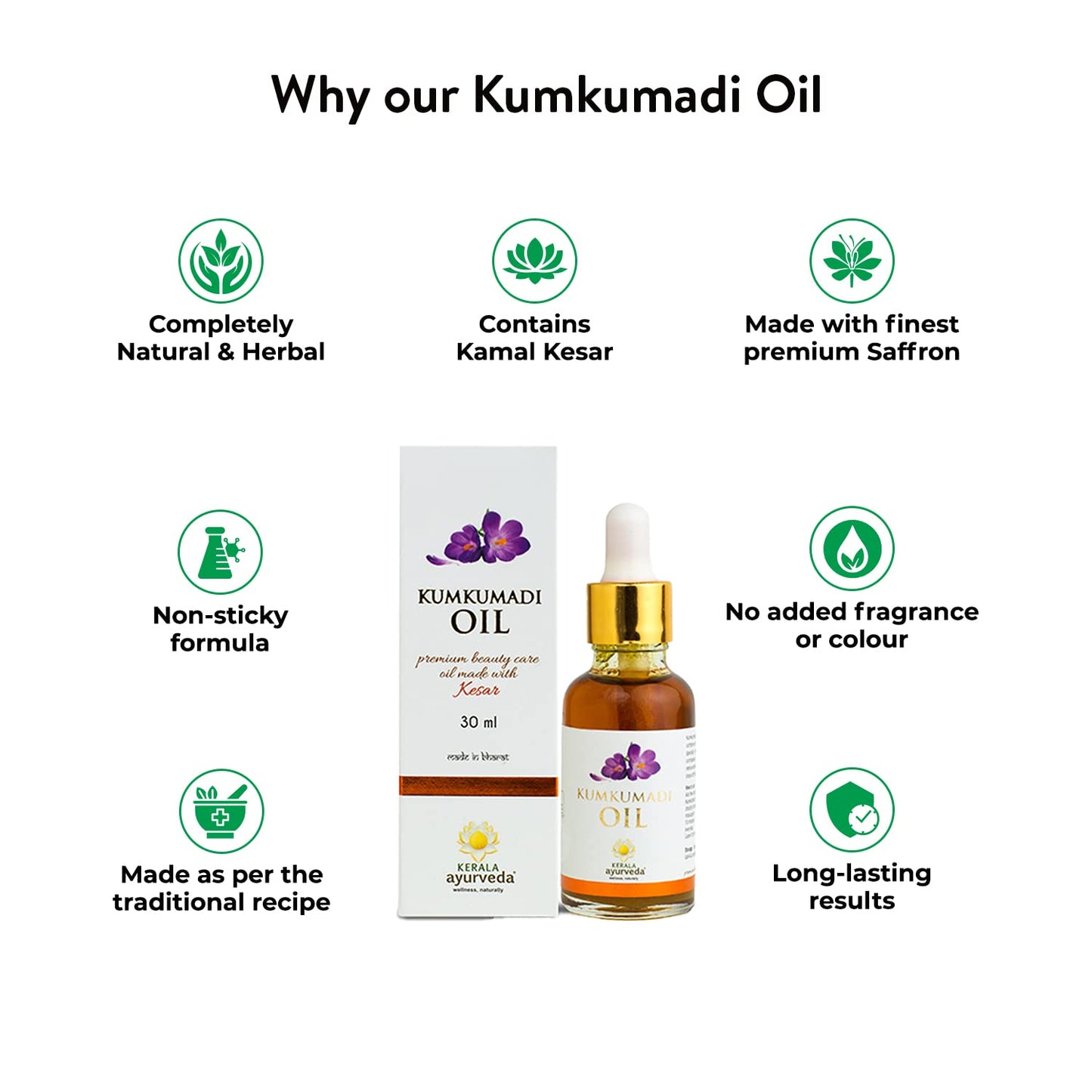 Kerala Ayurveda Kumkumadi Oil 30 ml | Reduces Fine Lines Pigmentation Wrinkles and Dark Spots | Non-Sticky Face Oil | Glowing Night Face Oil with Saffron and Lotus| Sesame Oil Base|