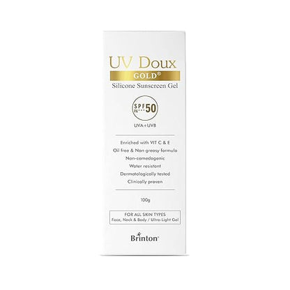 Brinton UV Doux Gold Silicone Sunscreen Gel SPF 50 PA+++ With Vitamin C & E | Clinically Tested Water Resistant & Non- Greasy | UVA/UVB Protection Against UVA/UVB Rays| For All Skin Types 100 gm (Pack of 1)