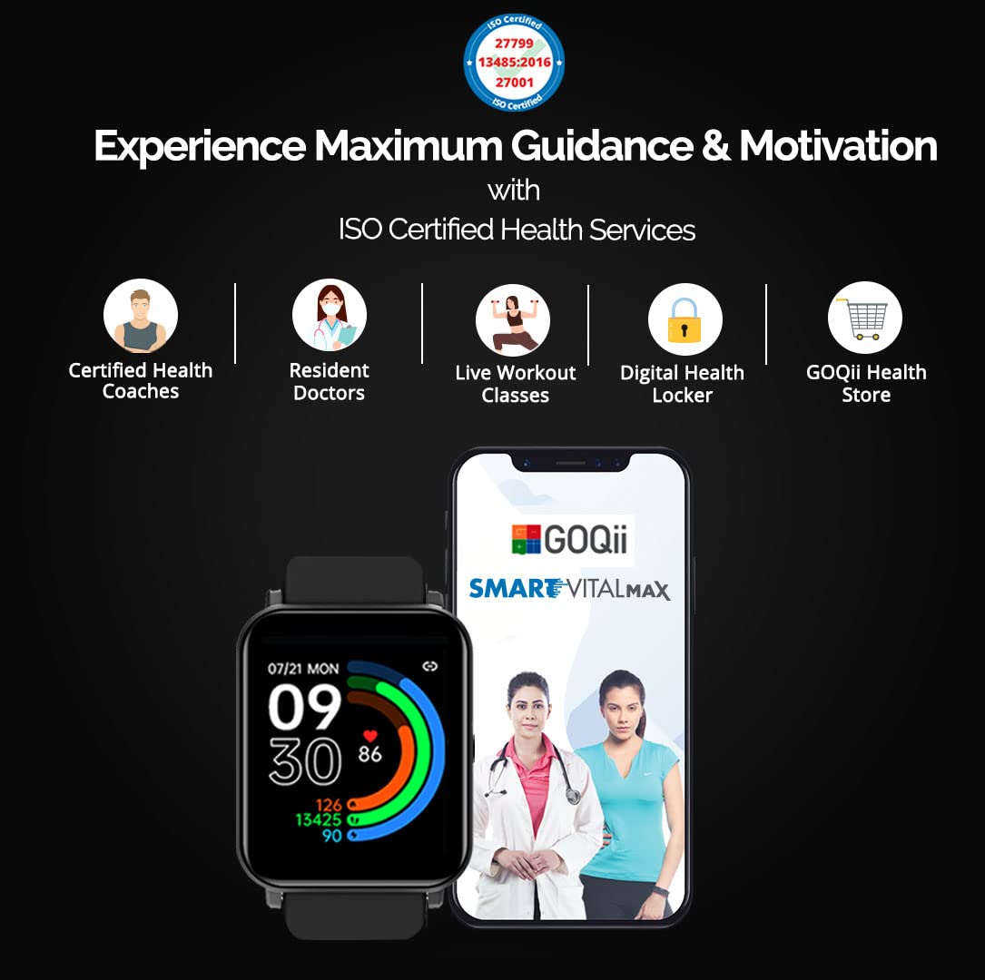 GOQii Smart Vital MAX SpO2 1.69'' HD Full Touch Smart Notification Waterproof IP68 Smartwatch for Smart Phones Blood Oxygen Sports and Sleep Tracking with 3 Months Personal Coaching Black