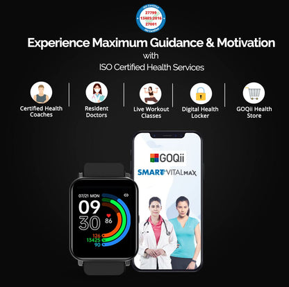 GOQii Smart Vital MAX SpO2 1.69'' HD Full Touch Smart Notification Waterproof IP68 Smartwatch for Smart Phones Blood Oxygen Sports and Sleep Tracking with 3 Months Personal Coaching Black