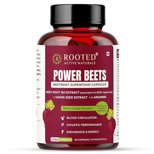 Rooted Actives Power Beets Capsules  10:1 Beet Root extract with LArginine Grape Seed Extract & Piperinel  Nitric Oxide booster Heart & Circulation support