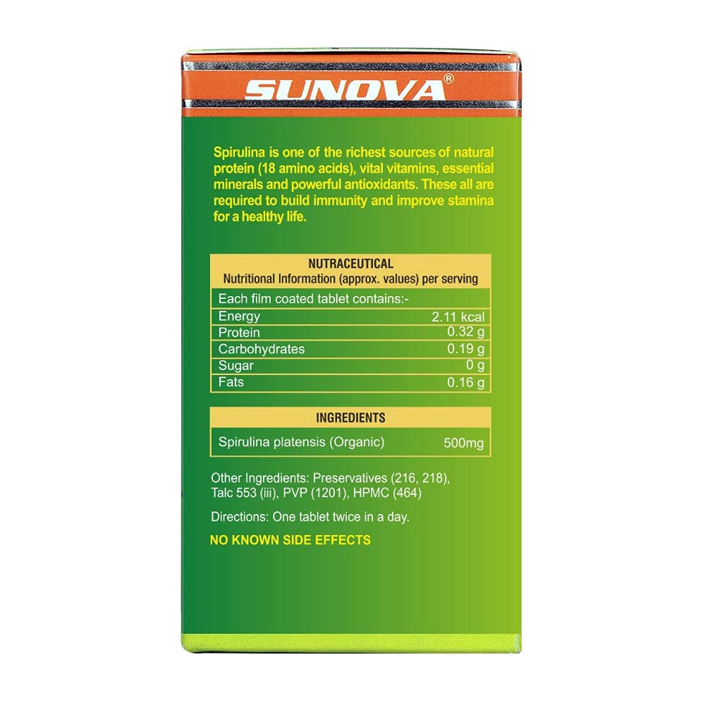 SUNOVA Organic Spirulina Tablets – Natures Own Superfood and Nutritional Supplement Spirulina and Blue-Green Algae for Full Body Support – 60 Tablets