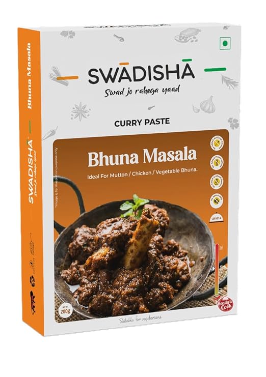 Swadisha Bhuna Masala Ready To Cook Curry Paste I 200gms I 3 Easy Steps Recipe I Authentic Taste I No Artificial Colour or Flavour I No Preservatives I Serves 46 I Ready In 15 Mins