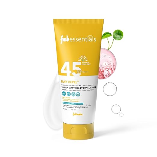 Fabessentials Ultra Matte Daily Sunscreen SPF 45 PA++++  50 gm  High UVA/UVB Protection  Vitamin E  Niacinamide  BroadSpectrum Protection  For All Skin Type  6 Hrs. Sun Protection