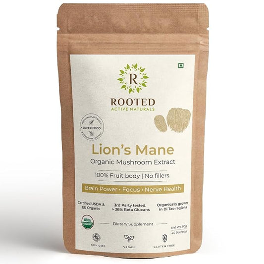 Rooted Actives Lions Mane mushroom Extract (60 g)  Memory Focus Brain Powder & Nerve Health USDA Organic 38% Beta Glucans