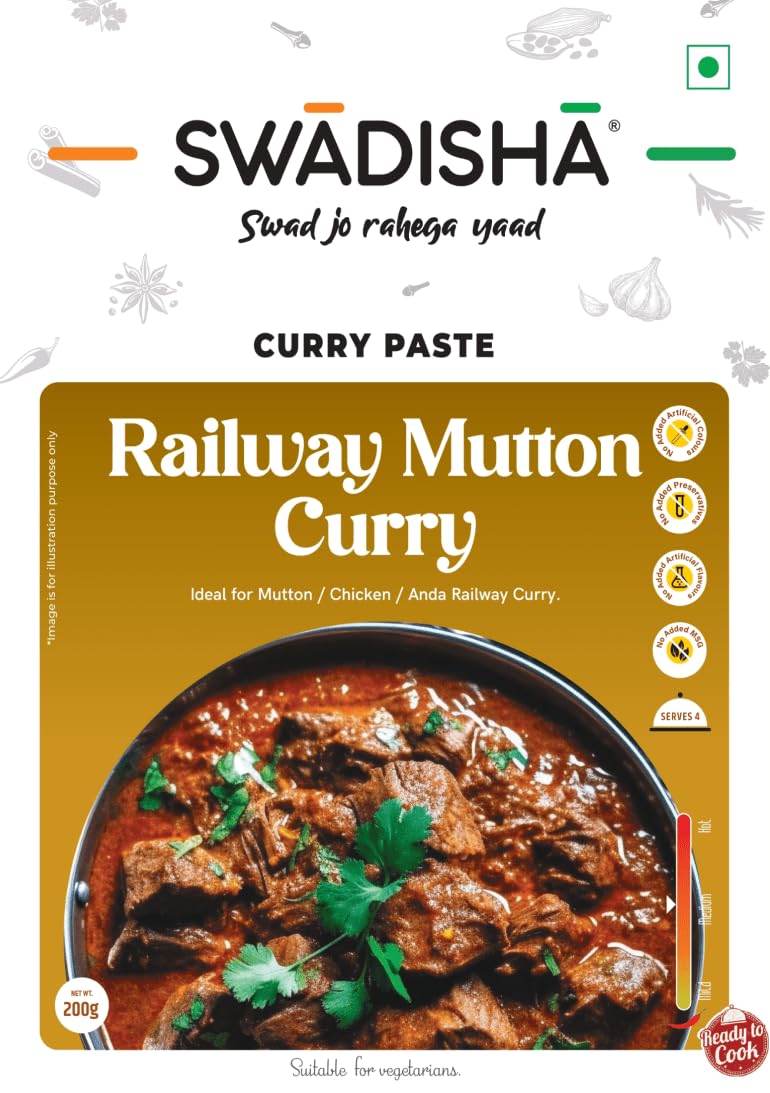 Swadisha Railway Mutton Curry Ready To Cook Curry Paste I 200gms I 3 Easy Steps Recipe I Add Your Choice Of Cooked Meat or VegetablesINo Preservatives I No Flavorings I Serves 46 I Ready In 15 Mins