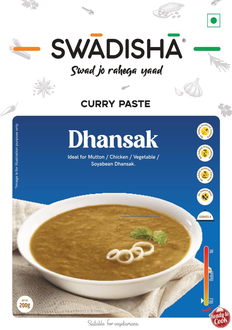 Swadisha Dhansak Ready To Cook Curry Paste I 200gms I 3 Easy Steps Recipe I Add Your Choice Of Cooked Meat or Vegetables I Authentic Taste I No Preservatives I Serves 46 I Ready In 15 Mins