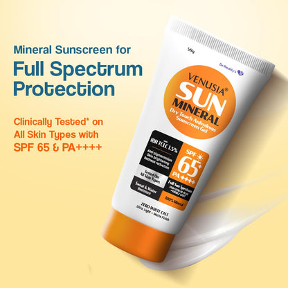 Venusia Mineral sunscreen SPF65I Full spectrum protection I UVA UVB Blue light protect I with Anti-oxidant I Sweat & water resistant I No white cast I clinically tested for all skin types I 50 g Pack of 1