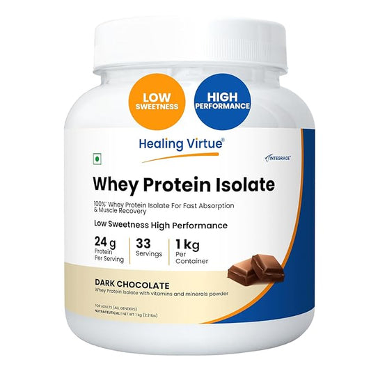 Healing Virtue 100% Whey Protein Isolate  1 kg 33 Servings  Low Sweetness  Fast Absorption & Recovery  24g Protein5.5g BCAA Essential Vitamins and Minerals  For All Gender  Athletes Sports Fitness Enthusiasts