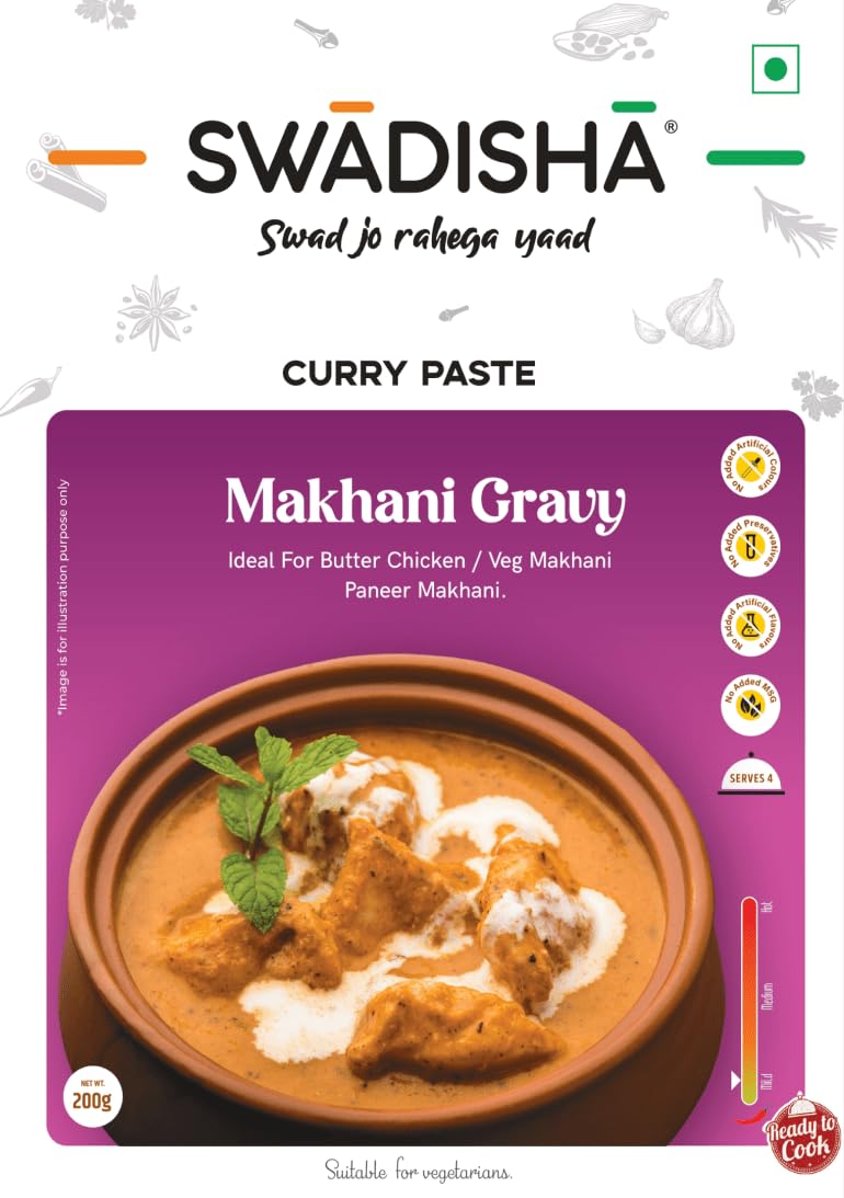 Swadisha Makhani Gravy Ready To Cook Curry Paste I 200gms I 3 Easy Steps Recipe I Add Your Choice Of Cooked Meat or Vegetables I Authentic Taste INo Preservatives I Serves 46 I Ready In 15 Mins