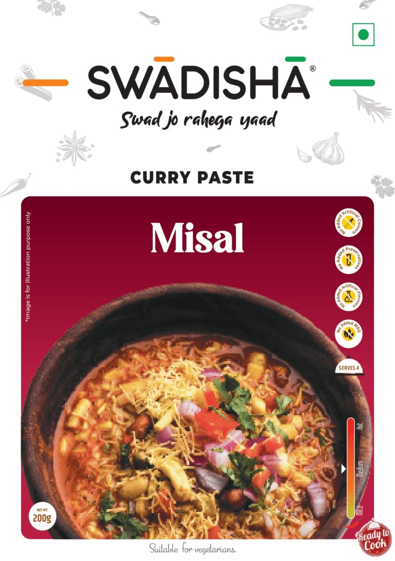 Swadisha Misal Ready To Cook Curry Paste I 200gms I 3 Easy Steps Recipe I Add Your Choice of Cooked Sprouts I Authentic Taste INo Preservatives I Serves 46 I Ready In 15 Mins