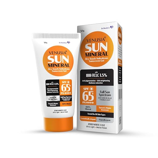 Venusia Mineral sunscreen SPF65I Full spectrum protection I UVA UVB Blue light protect I with Anti-oxidant I Sweat & water resistant I No white cast I clinically tested for all skin types I 50 g Pack of 1