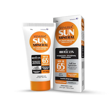 Venusia Mineral sunscreen SPF65I Full spectrum protection I UVA UVB Blue light protect I with Anti-oxidant I Sweat & water resistant I No white cast I clinically tested for all skin types I 50 g Pack of 1