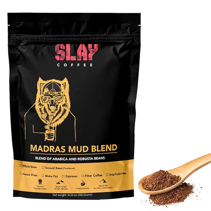 SLAY Coffee Madras Mud 100% தூய தென்னிந்திய வடிகட்டி காபி தூள் இல்லை சிக்கரி 250G பேக் ஆஃப் 1 மோக்கா பாட் மீடியம் ரோஸ்ட்