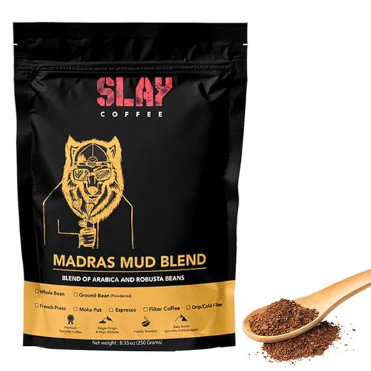 SLAY Coffee Madras Mud 100% தூய தென்னிந்திய வடிகட்டி காபி தூள் இல்லை சிக்கரி 250G பேக் ஆஃப் 1 மோக்கா பாட் மீடியம் ரோஸ்ட்