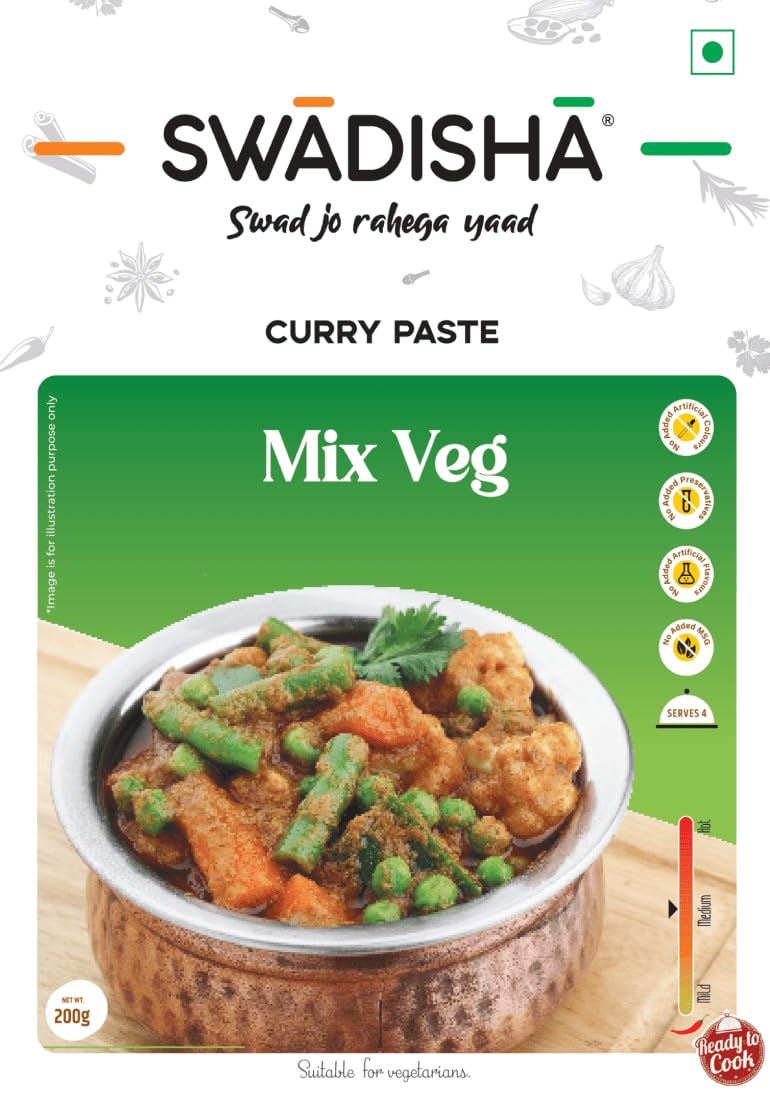 Swadisha Mix Veg Ready To Cook Curry Paste I 200gms I 3 Easy Steps Recipe I Add Your Choice Of Cooked Vegetables I Authentic Taste INo Preservatives I Serves 46 I Ready In 15 Mins