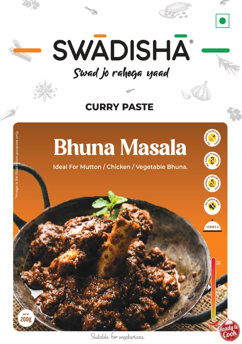 Swadisha Bhuna Masala Ready To Cook Curry Paste I 200gms I 3 Easy Steps Recipe I Authentic Taste I No Artificial Colour or Flavour I No Preservatives I Serves 46 I Ready In 15 Mins