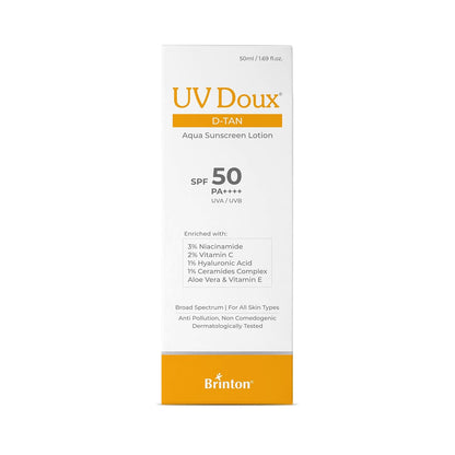 Brinton UV Doux DTan Aqua Sunscreen Lotion  SPF 50 PA++++  8Hour Hydration DTan Formula with Niacinamide  Vitamin C 50 ml