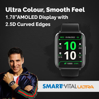 GOQii Smart Vital Ultra Smartwatch Jet Black 1.78'' AMOLED 368x448 and 2.5D Cureved Display with 10 Days Battery SPO2 and RealTime Heart Rate Tracking IPX68 Waterproof with 3 Months Personal Coaching