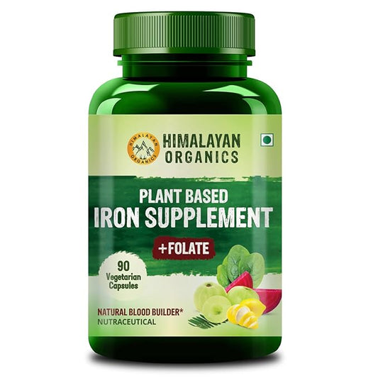 Himalayan Organics Plant Based Iron Supplement With Folate | Improved Hemoglobin & Oxygen Capacity | Stomach Friendly | Boost Energy - 120 Veg Capsules