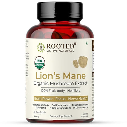 ROOTED Usda Organic Lions Mane Mushroom Extract Capsules 38% Beta Glucans(60 Capsule)