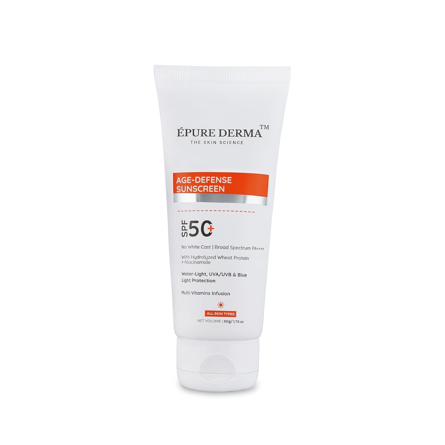 EPURE DERMA AgeEDefense Sunscreen SPF 50  WaterELight UVAEUVB & Blue Light Protection  MultiEVitamins Infusion  No White Cast  Broad Spectrum PA  50g E 1.7 fl oz