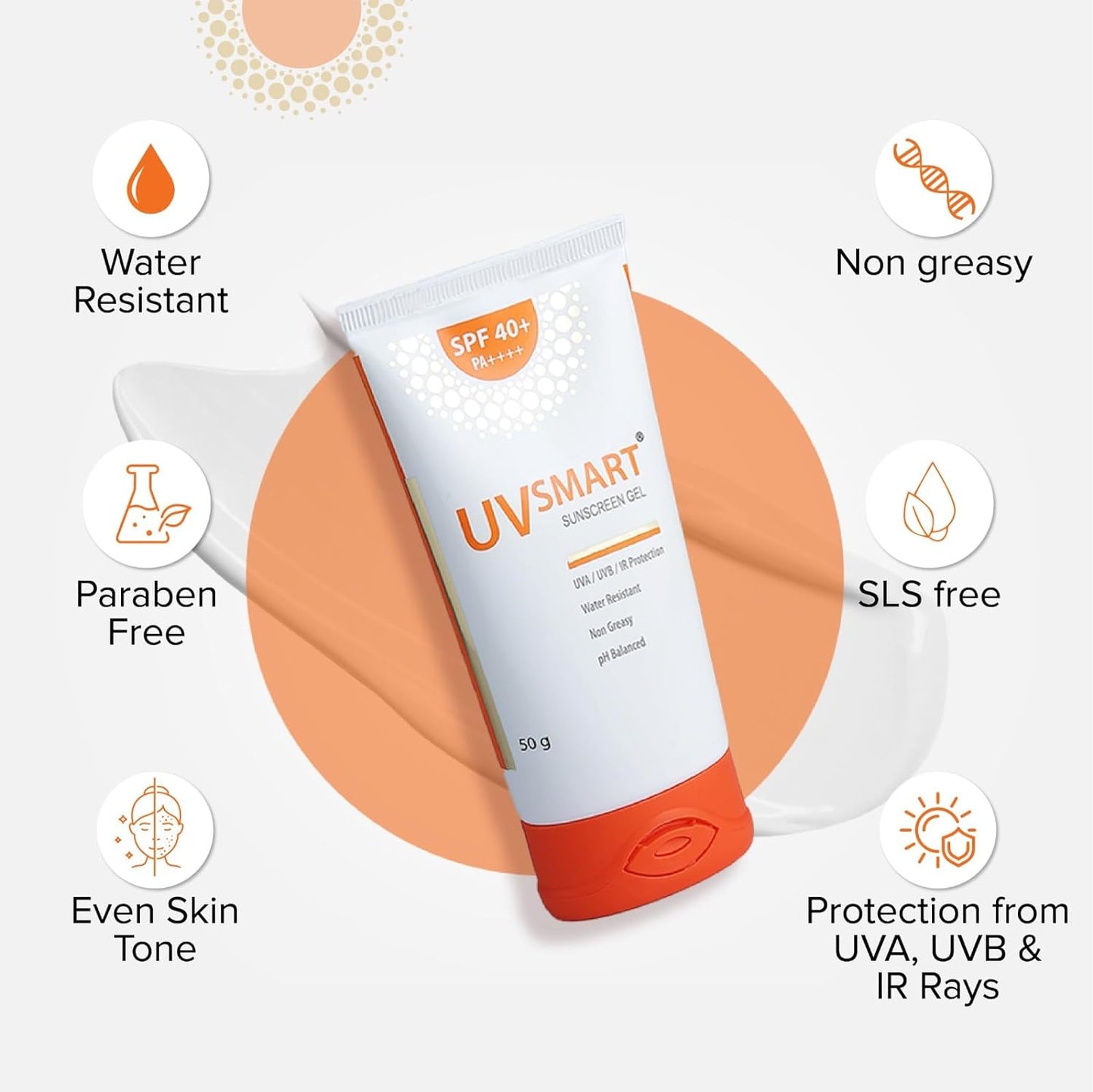 UVSmart SPF 40 Sunscreen Gel PA UVA UVB &amp; IR பாதுகாப்பு pH சமப்படுத்தப்பட்ட SLS &amp; paraben இலவச சன்ஸ்கிரீன் 50g பேக்