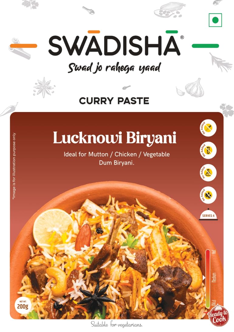 Swadisha Lucknowi Biryani Ready To Cook Curry Paste I 200gms I 3 Easy Steps Recipe I Add Cooked Choice Of Your Meat or Vegetables I Authentic Taste INo Preservatives I Serves 46 I Ready In 15 Mins