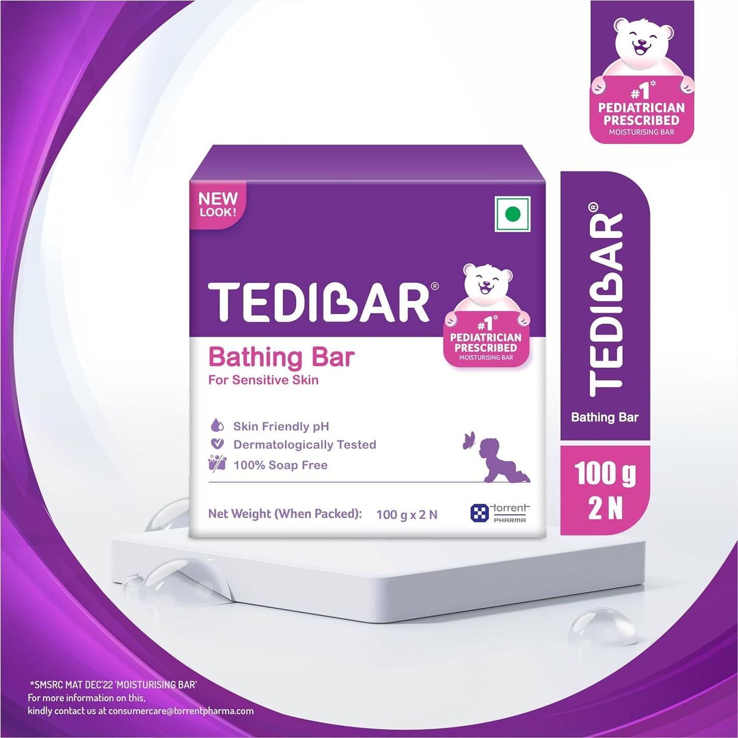 Tedibar Moisturising Baby Bathing Bar 100gx2 (Pack of 1) with Skin Friendly PH|100% Soap Free | Dermatologically Tested and No. 1* Pediatrician Prescribed Moisturising Bar - By Torrent Pharma