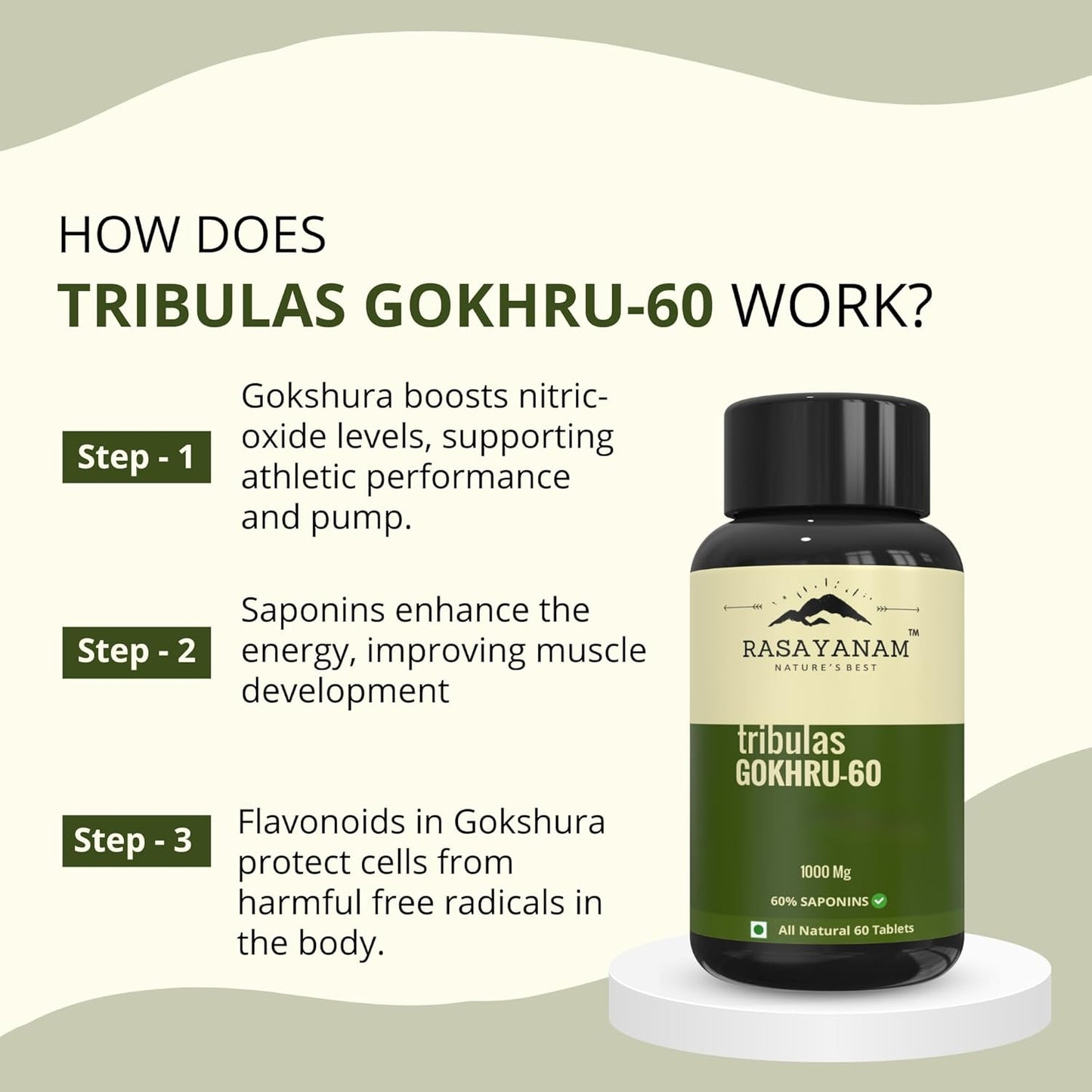 Rasayanam Tribulas Gokhru60 Gokshura Tablets 1000mg  Ultra High Concentrated 60% Saponins  Improves Vigour  Tribulus Terrestris  For both Men  Women (60 Tablets)