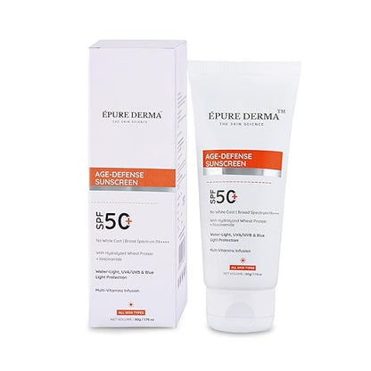 EPURE DERMA AgeEDefense Sunscreen SPF 50  WaterELight UVAEUVB & Blue Light Protection  MultiEVitamins Infusion  No White Cast  Broad Spectrum PA  50g E 1.7 fl oz