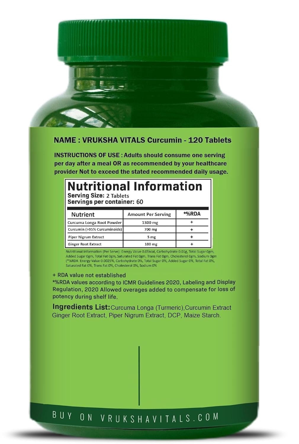 Vruksha Vitals Curcumin with Bioperine with 95% Curcuminoids - 120 tablets/capsules supplement powder