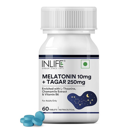 INLIFE Melatonin 10mg with Tagar 250mg  60 Tablets  Enhanced with Vitamin B6 & Chamomile Extract  May Support Restful Sleep Relaxation  Non-Habit Forming  Supports Eye Health