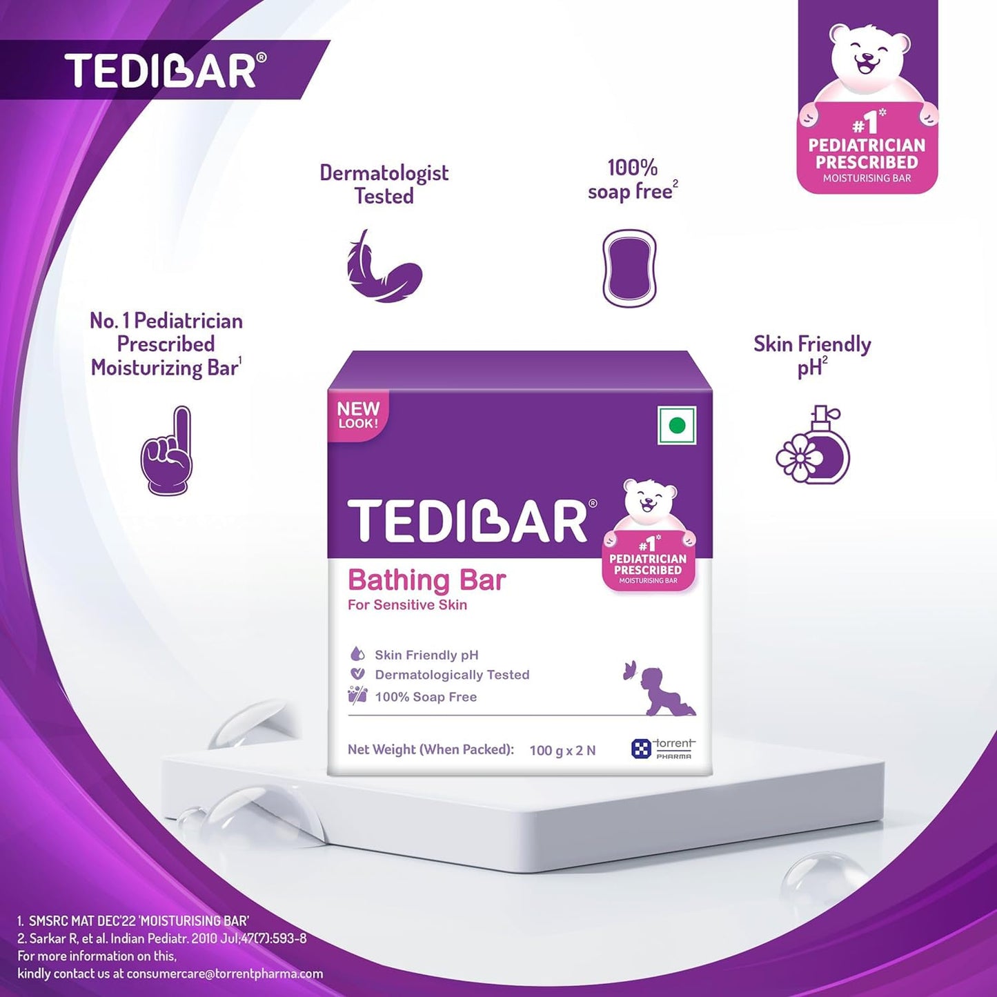 Tedibar Moisturising Baby Bathing Bar 100gx2 (Pack of 1) with Skin Friendly PH|100% Soap Free | Dermatologically Tested and No. 1* Pediatrician Prescribed Moisturising Bar - By Torrent Pharma