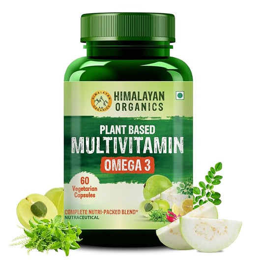 Himalayan Organics Vegan Omega-3 Capsules with Multivitamin ( Plant Based ) EPA DHA B1B2B3B5B7B9B9B12CD3K2 25+ Ingredients for Energy Immunity Heart Bone & Joints Support - 60 veg capsules