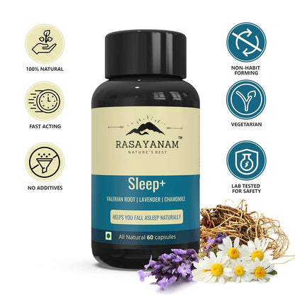 Rasayanam Sleep+ 1000mg  Natural Sleeping Capsules with Valerian Root Lavender Chamomile  Helps calm  blissful sleep  Non habit forming 60 Capsules