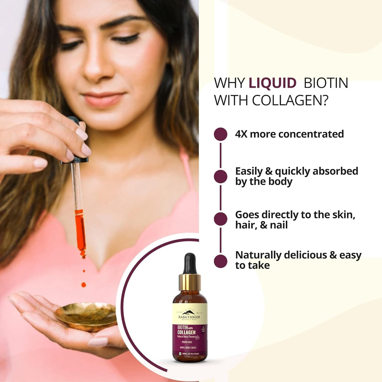 Rasayanam Liquid Biotin  Collagen for Hair Growth 25000mcg (50 ml Berry Flavour)  Supports Hair Growth  Healthy Skin Nails  Stronger Than Tablets  Capsules to reduce hair fall for Men  Women