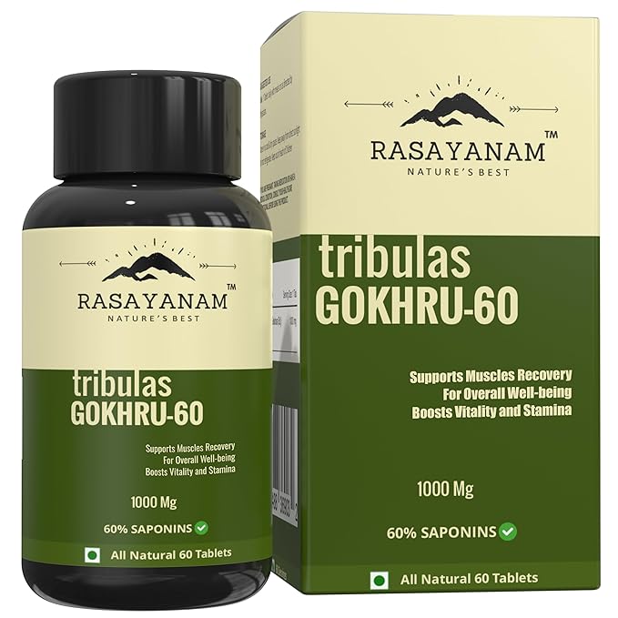 Rasayanam Tribulas Gokhru60 Gokshura Tablets 1000mg  Ultra High Concentrated 60% Saponins  Improves Vigour  Tribulus Terrestris  For both Men  Women (60 Tablets)