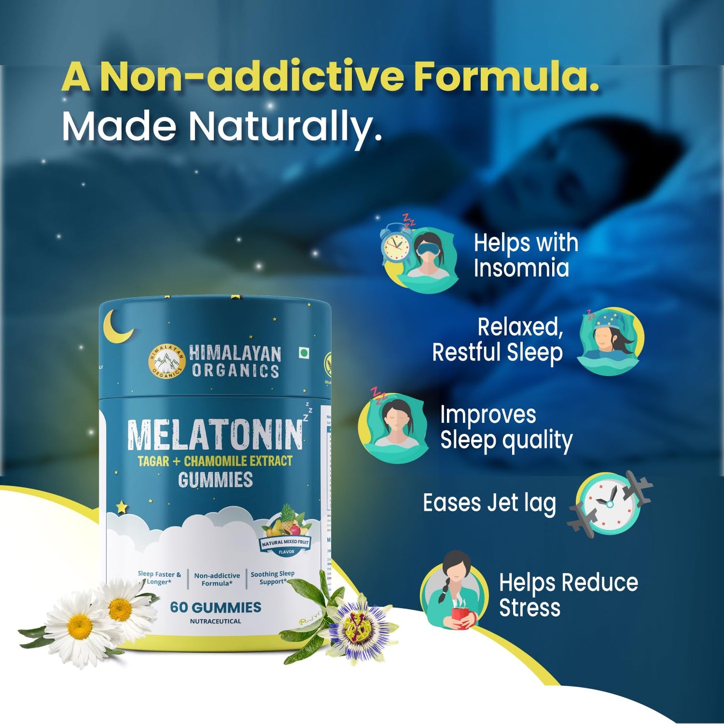 Himalayan Organics Melatonin 5MG Gummies with Tagar & Chamomile Extract I L-Threnine & Vitamin B6 | Relaxed & Restful Sleep | Non Habit Forming Formula | Improves Sleep Quality Natural Sleep Soothing Sleep Anxiety And Stress Relief Support I Eases Jet