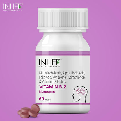 INLIFE Vitamin B12 (Methylcobalamin) 1500mcg Supplement with ALA Folic Acid Vitamin D3  Nerve and Brain Health for Men & Women  60 Tablets