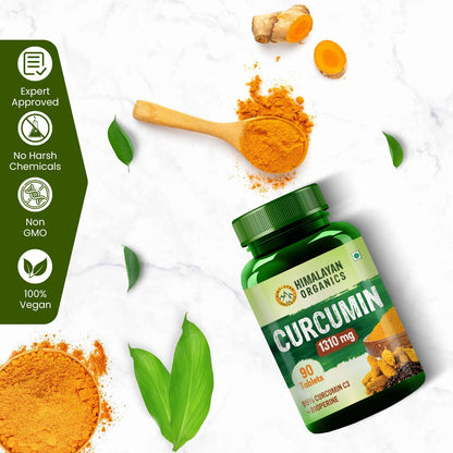 Himalayan Organics Curcumin C3 Bioperine 1310Mg Supplement with 95% Curcuminoids | Good For Skin & Joint Pains | Better Absorption | Boost Immunity For Men & Women - 90 Veg Tablets