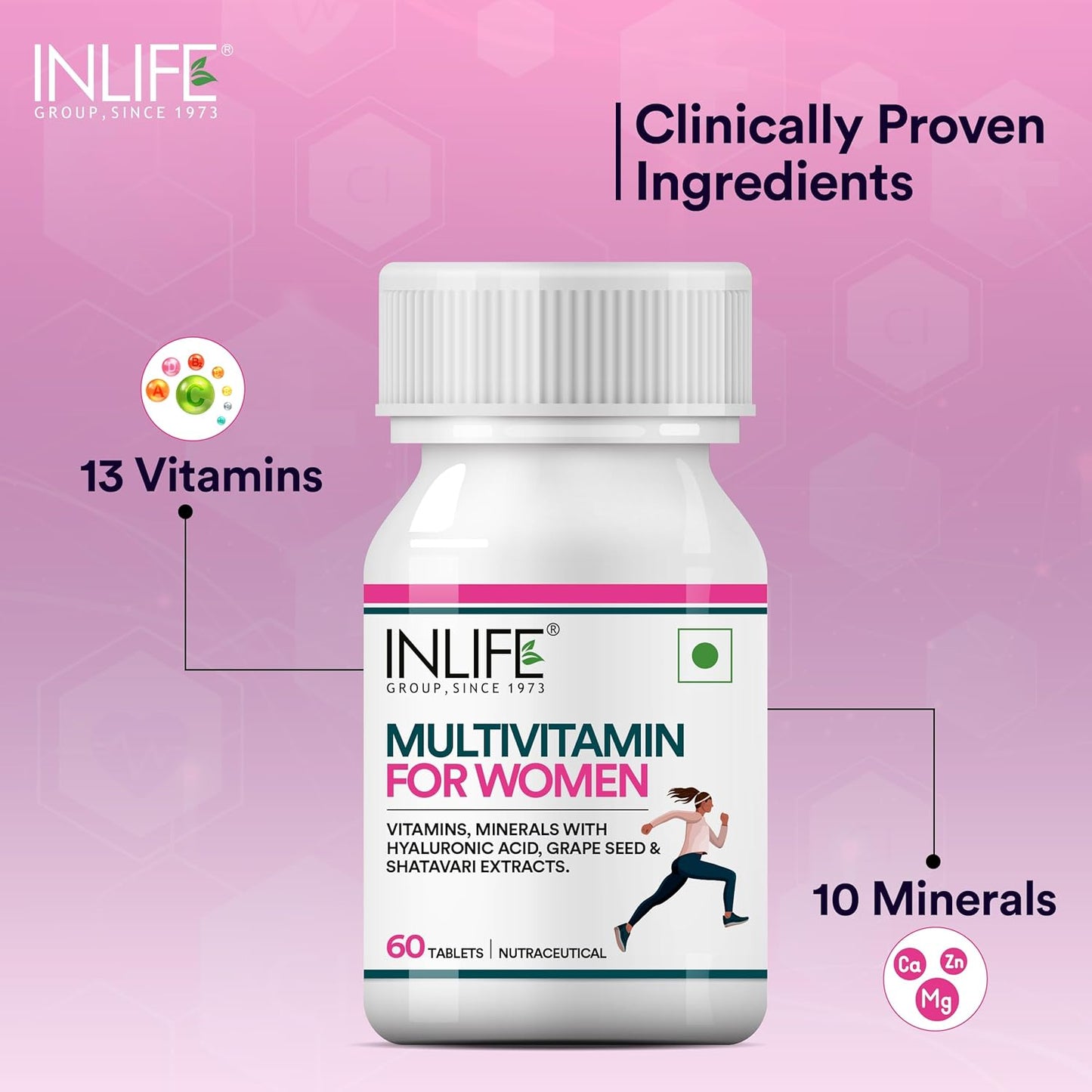 INLIFE Women's Multivitamin Tablets  60 Tablets  Enriched with Zinc Vitamin C Vitamin D and Essential Multiminerals  Supports Immunity and Energy Levels