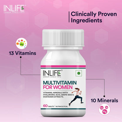 INLIFE Women's Multivitamin Tablets  60 Tablets  Enriched with Zinc Vitamin C Vitamin D and Essential Multiminerals  Supports Immunity and Energy Levels