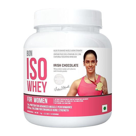 Bon ISO Whey 100% Protein Isolate For Women 1kg (Pack of 1) | Muscle Strength and Bone Health | 24g Protein329mg Calcium5.5g BCAA Folic Acid Vit B6 B12 Zinc and Minerals | Irish Chocolate