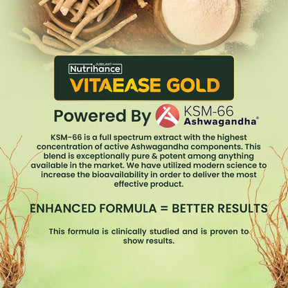 Jubilant Nutrihance Vitaease Gold Relives Stress Boost Stamina Endurance Strength  Performance KSM66 Ashwagandha Ginkgo Biloba Panax Ginseng Safed Musli For Men  Women  30 Veg Tablets