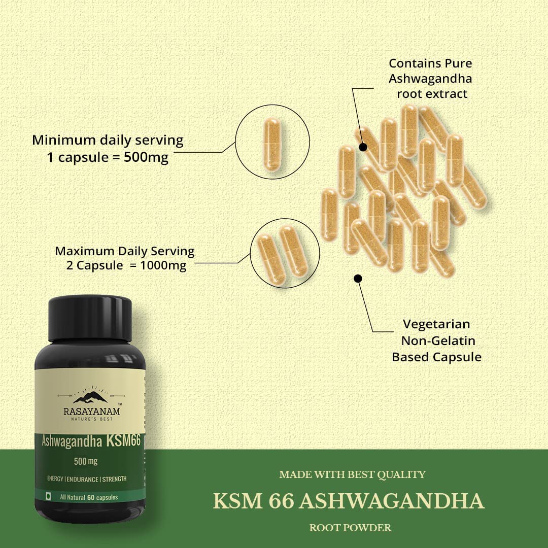 Rasayanam Ashwagandha KSM66 (500 mg)  Extra Strength Natural Formulation  Support strength  energy  Withania Somnifera Extract  60 Vegetarian Capsules