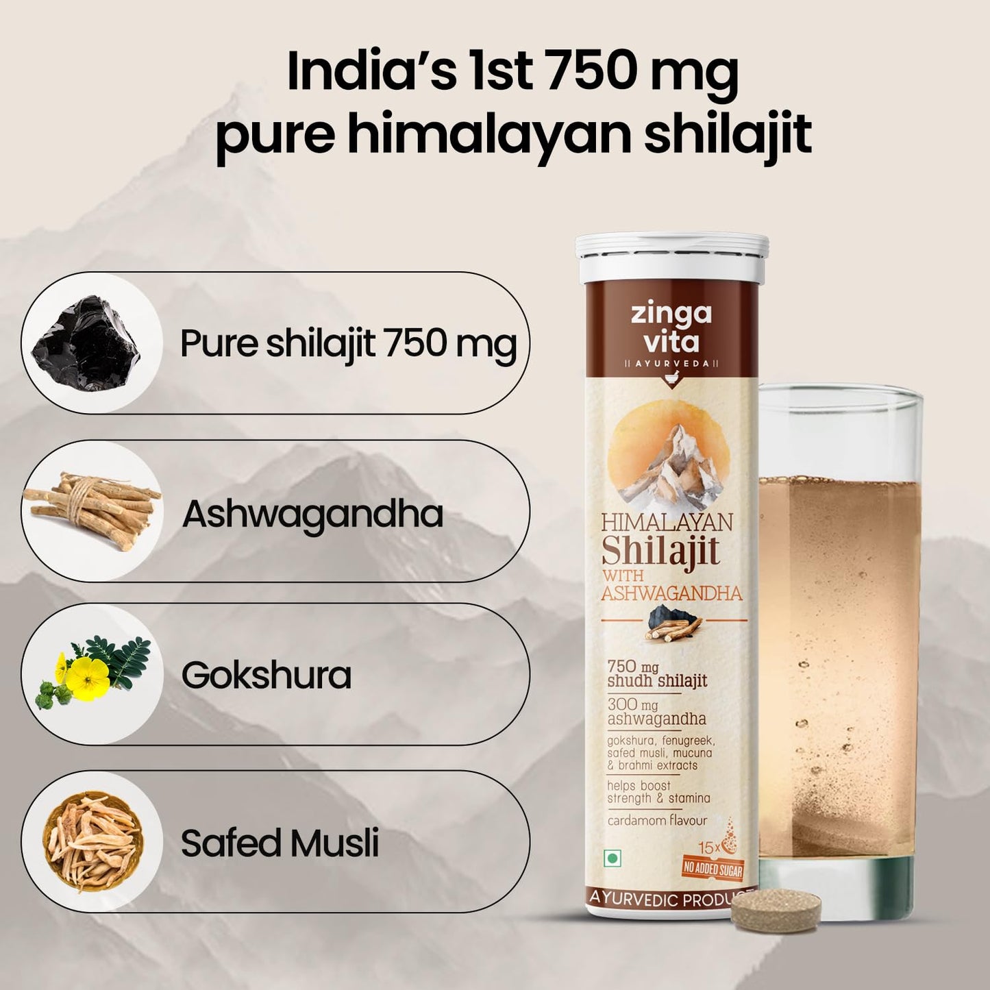 Zingavita 750mg Shilajit Effervescent Tablets Infused with Ashwagandha extract Gokshuru Fenugreek and Safed Musli for Strength Vitality & Performance Cardamom Flavour  15 Tablets