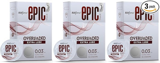 MANFORCE Epic Thinx Overloaded Condoms for Men| Ultra Thin with 0.03 mm Thickness | 3 Count x 3 Condom  (Set of 3 9 Sheets)
