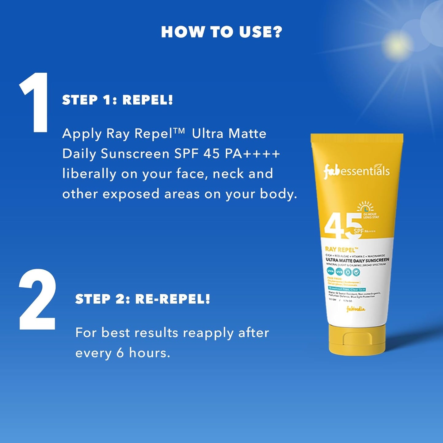 Fabessentials Ultra Matte Daily Sunscreen SPF 45 PA++++  50 gm  High UVA/UVB Protection  Vitamin E  Niacinamide  BroadSpectrum Protection  For All Skin Type  6 Hrs. Sun Protection